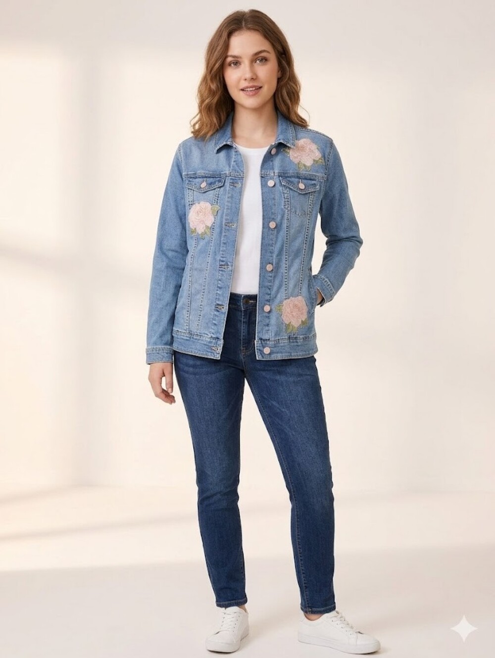 Lulu Roe Oversized Light Wash Floral Embroidered Denim Jacket - Pink Flower